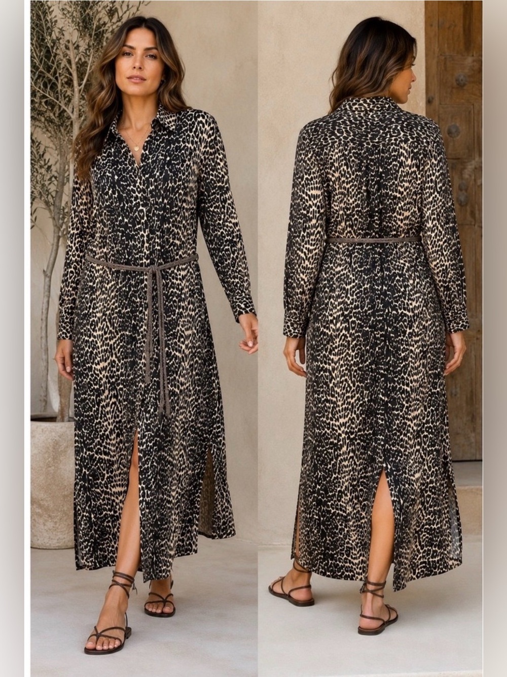 All Saints Black and Beige Leopard-Print Maxi Shirt Dress with Tie Belt